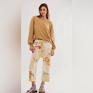NWT FREE PEOPLE We The Free Ivory/Combo Electric Sands Embroidered Pants SZ: 10